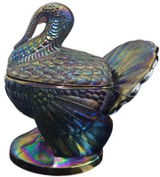 L.E Smith amethyst oil spill glass turkey on nest covered dish jar