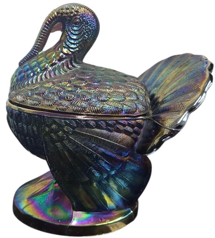 L.E Smith amethyst oil spill glass turkey on nest covered dish jar