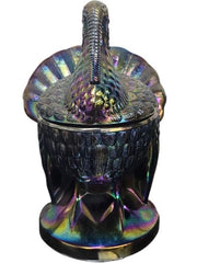 L.E Smith amethyst oil spill glass turkey on nest covered dish jar
