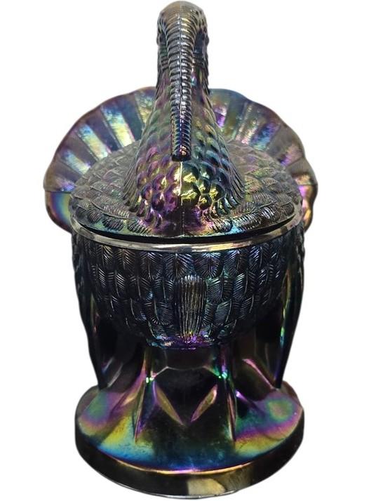 L.E Smith amethyst oil spill glass turkey on nest covered dish jar