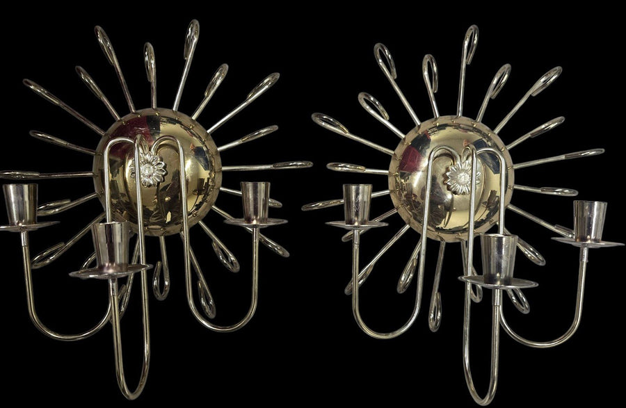 Sunflower Decaled Golden Brass Sconce Candle Holder 2 Set