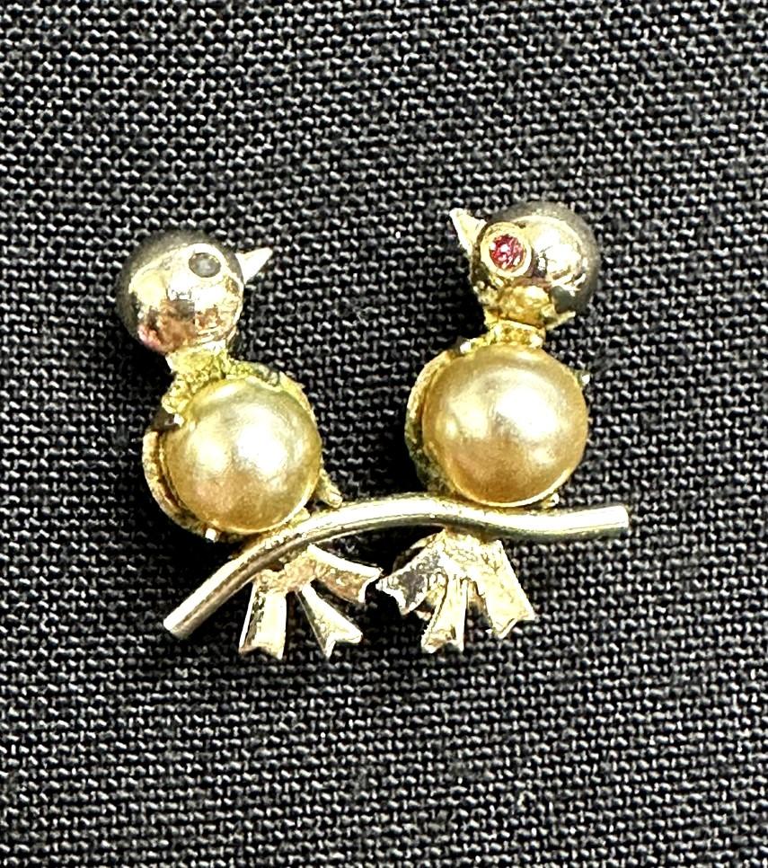 Unique Genuine Vintage Pearl Bird Duo Brooch