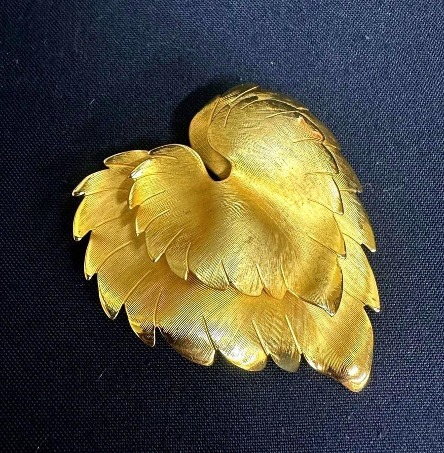 Brushed Gold-Toned Stacked Botanical Leaf Brooch Unsigned