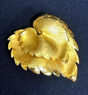 Brushed Gold-Toned Stacked Botanical Leaf Brooch Unsigned