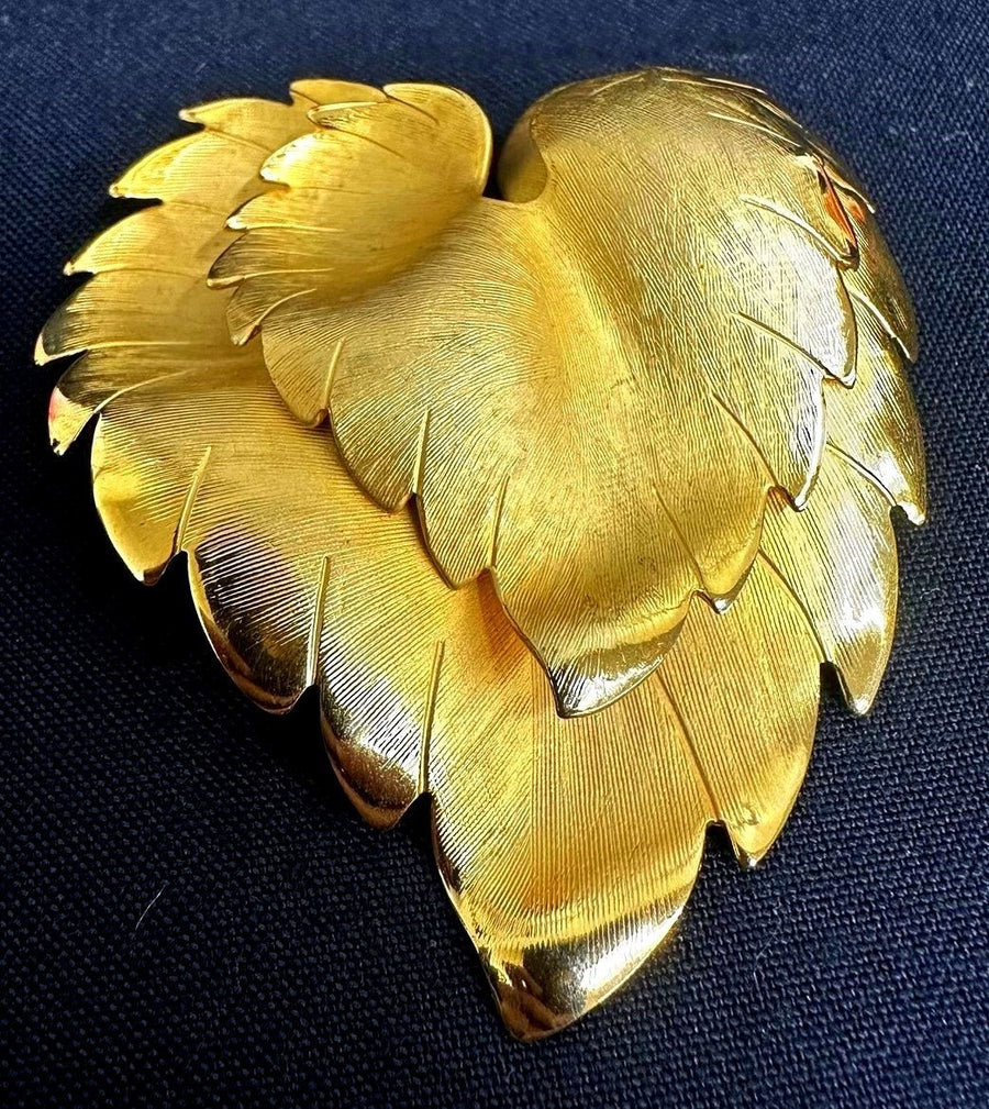 Brushed Gold-Toned Stacked Botanical Leaf Brooch Unsigned
