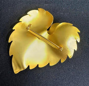 Brushed Gold-Toned Stacked Botanical Leaf Brooch Unsigned