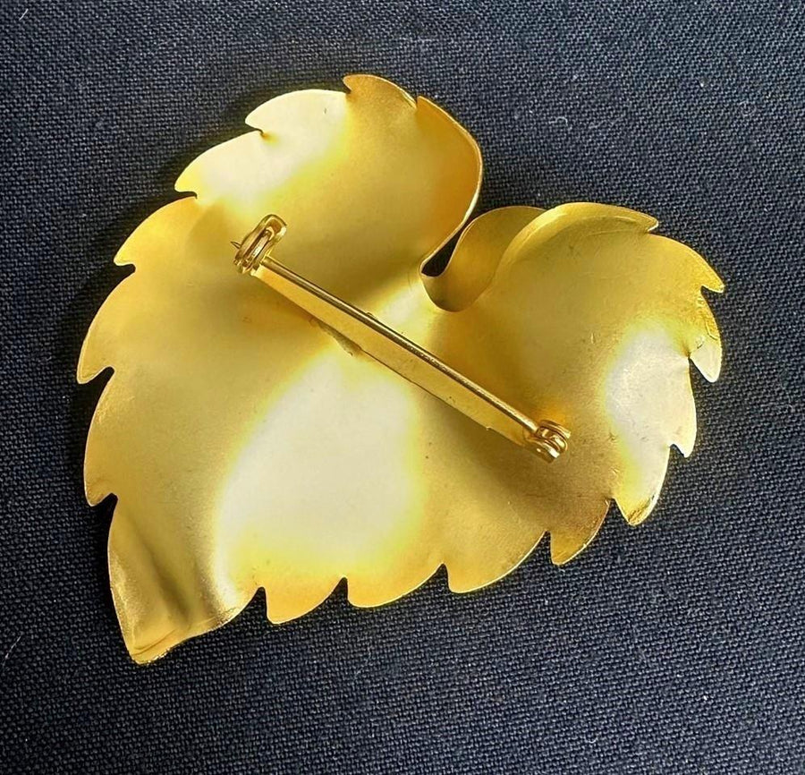 Brushed Gold-Toned Stacked Botanical Leaf Brooch Unsigned