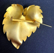 Brushed Gold-Toned Stacked Botanical Leaf Brooch Unsigned