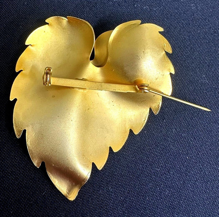 Brushed Gold-Toned Stacked Botanical Leaf Brooch Unsigned