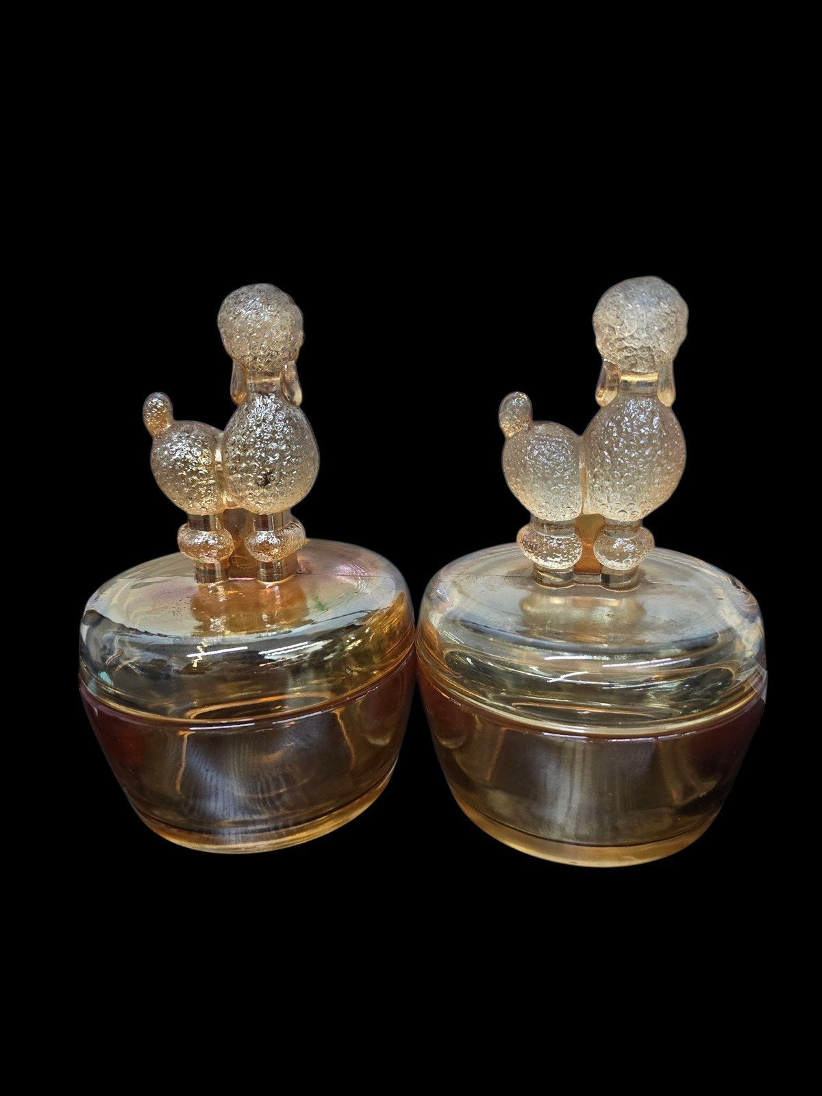 Jeannette Marigold Depression Glass Poodle Powder Jars Set of 2