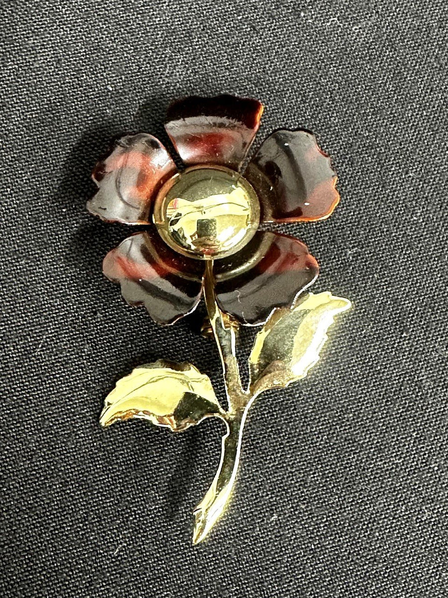 Unsigned Gold-Toned Dark Maroon Flower Brooch