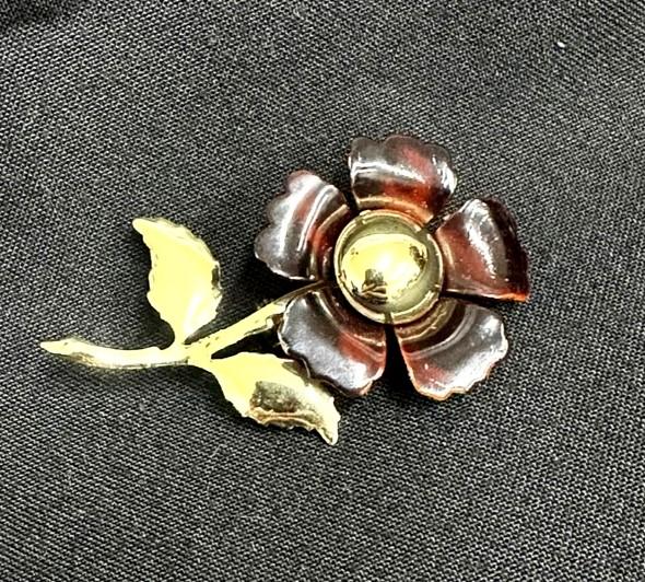 Unsigned Gold-Toned Dark Maroon Flower Brooch
