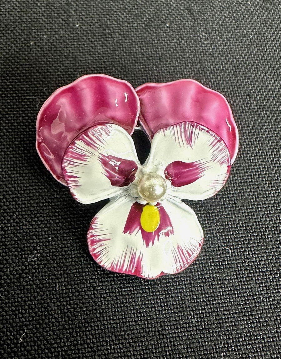 2x Gerry's Vintage Hand Painted Purple and White Pansy Flower Brooches