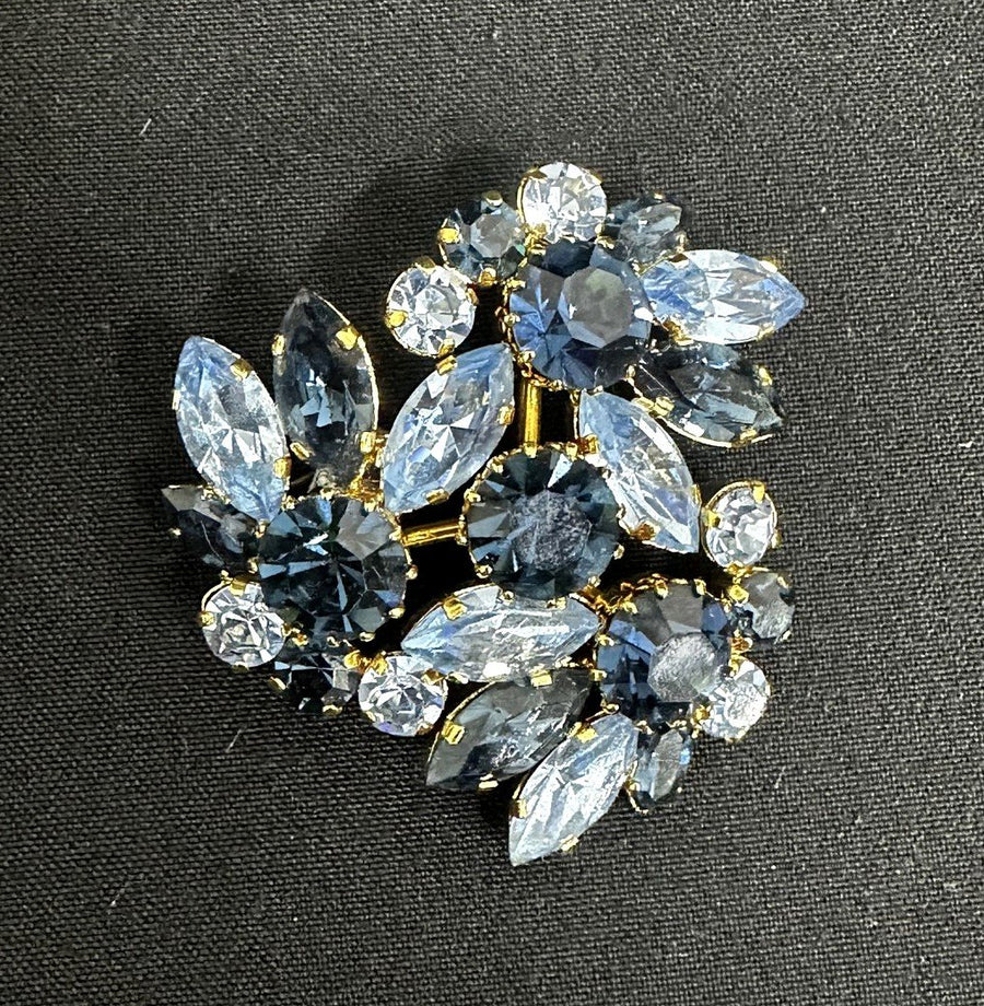 Blue Obsidian Domed Rhinestone Brooch Made In Austria