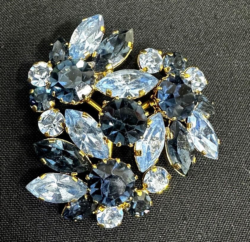 Blue Obsidian Domed Rhinestone Brooch Made In Austria