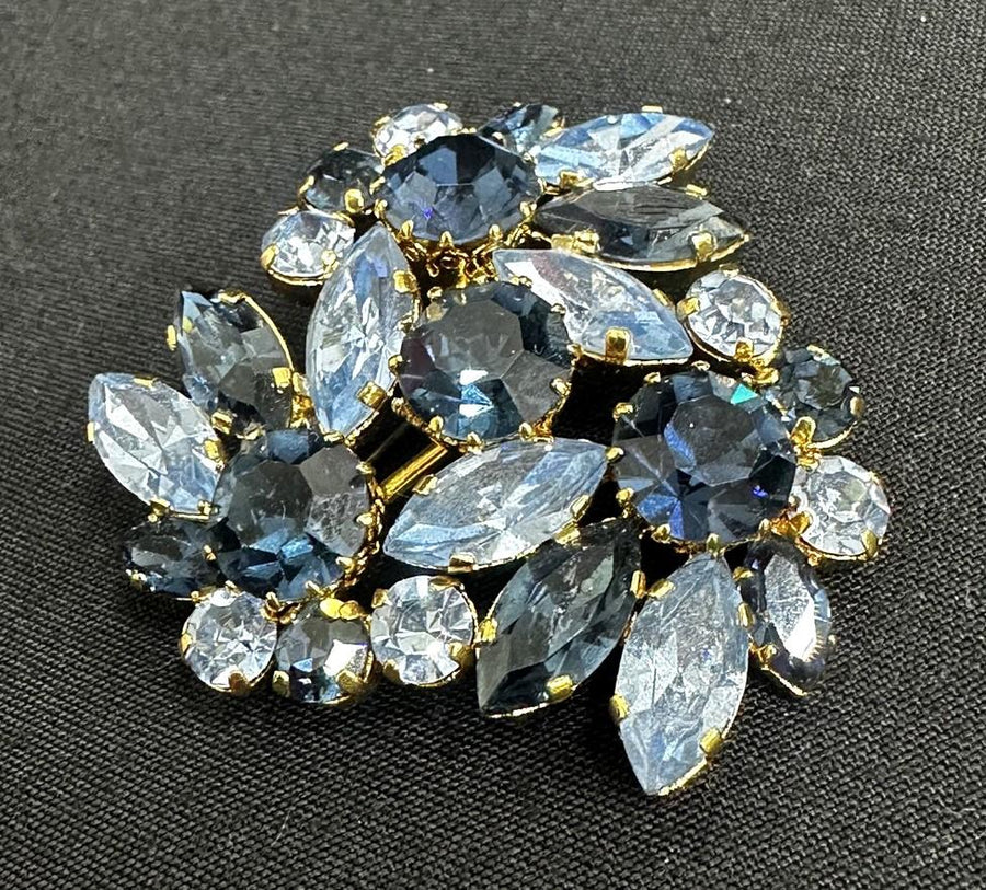 Blue Obsidian Domed Rhinestone Brooch Made In Austria