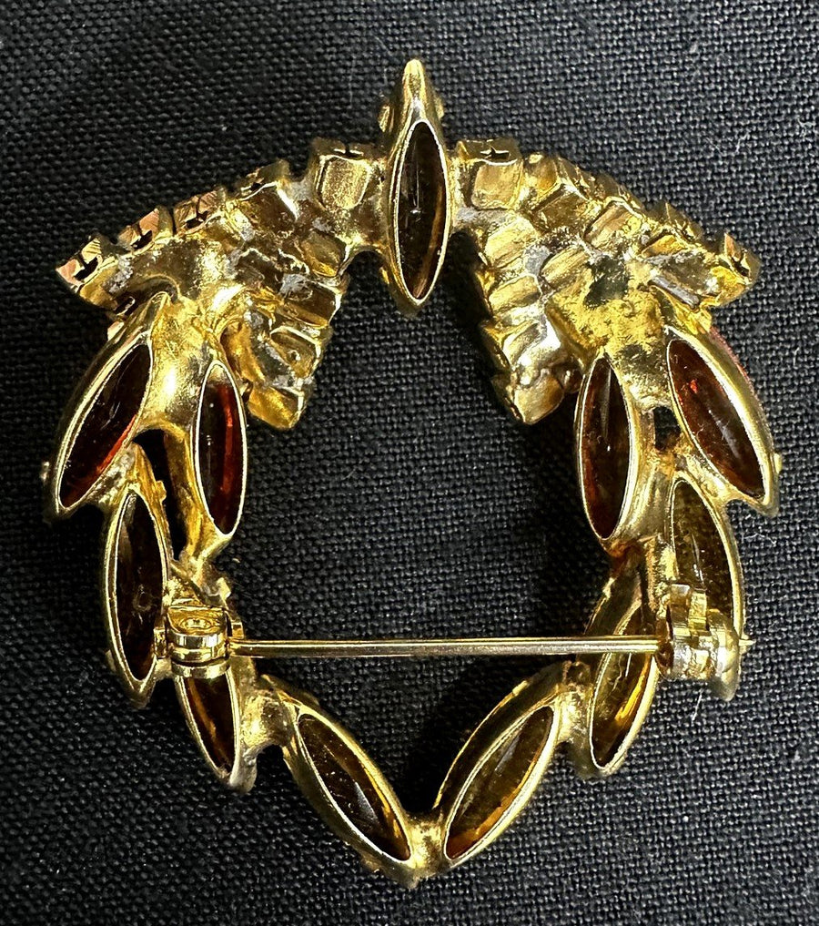 Orange Glass Manganese and Amber Vintage Wreath Brooch