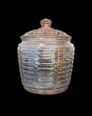 1930s Anchor Hocking Pink Ribbed Beehive Depression Glass Cookie Jar