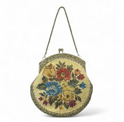 Floral Embroidered Satin Lined Vintage Golden Tapestry Kiss Lock Handbag