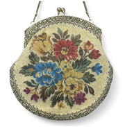 Floral Embroidered Satin Lined Vintage Golden Tapestry Kiss Lock Handbag