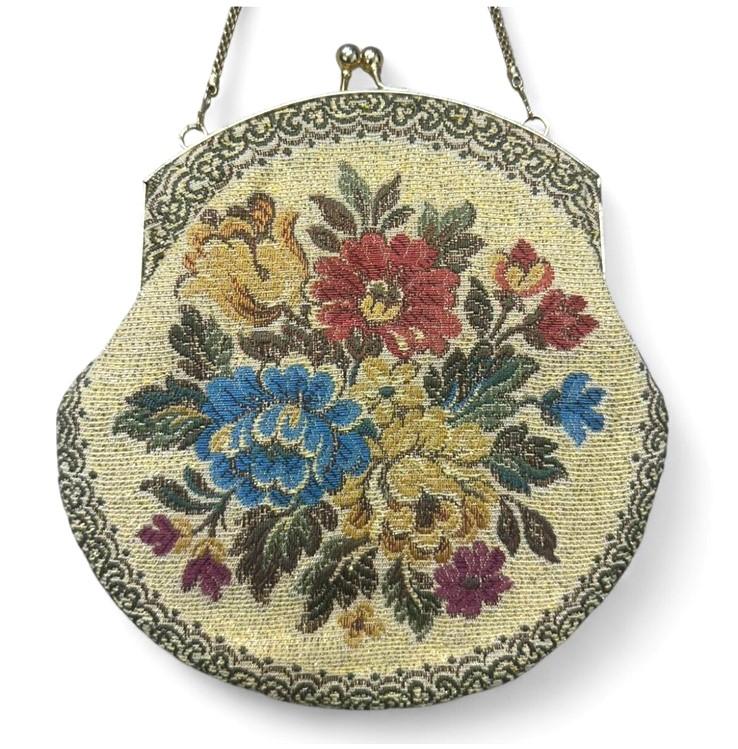 Floral Embroidered Satin Lined Vintage Golden Tapestry Kiss Lock Handbag