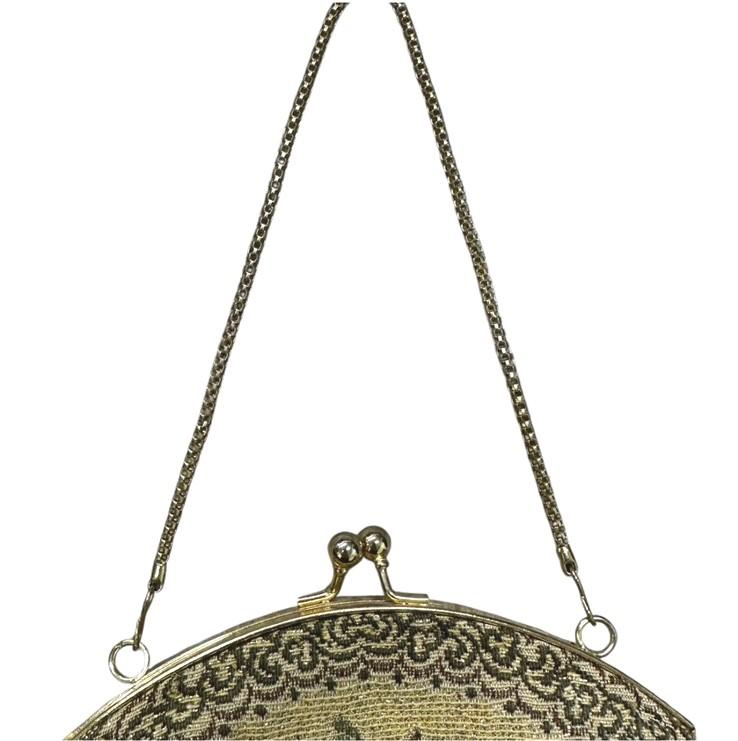 Floral Embroidered Satin Lined Vintage Golden Tapestry Kiss Lock Handbag
