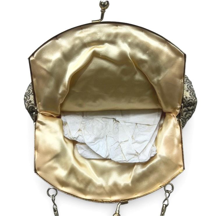 Floral Embroidered Satin Lined Vintage Golden Tapestry Kiss Lock Handbag