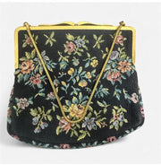 1950s Embroidered Floral Black Vintage Tapestry Satin Lined Clutch Purse