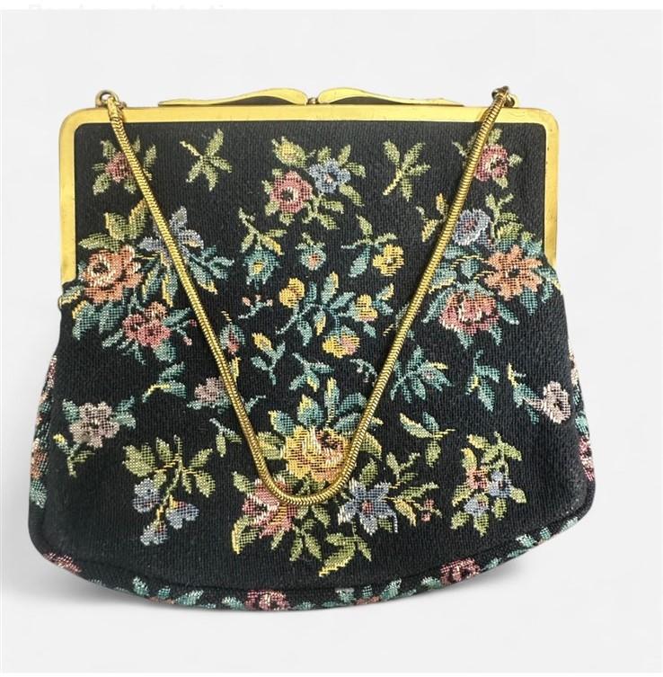 1950s Embroidered Floral Black Vintage Tapestry Satin Lined Clutch Purse