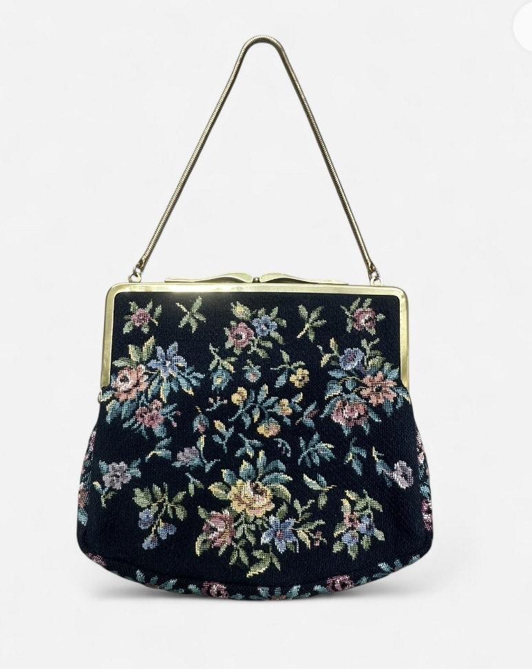 1950s Embroidered Floral Black Vintage Tapestry Satin Lined Clutch Purse