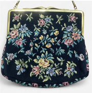 1950s Embroidered Floral Black Vintage Tapestry Satin Lined Clutch Purse