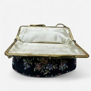1950s Embroidered Floral Black Vintage Tapestry Satin Lined Clutch Purse