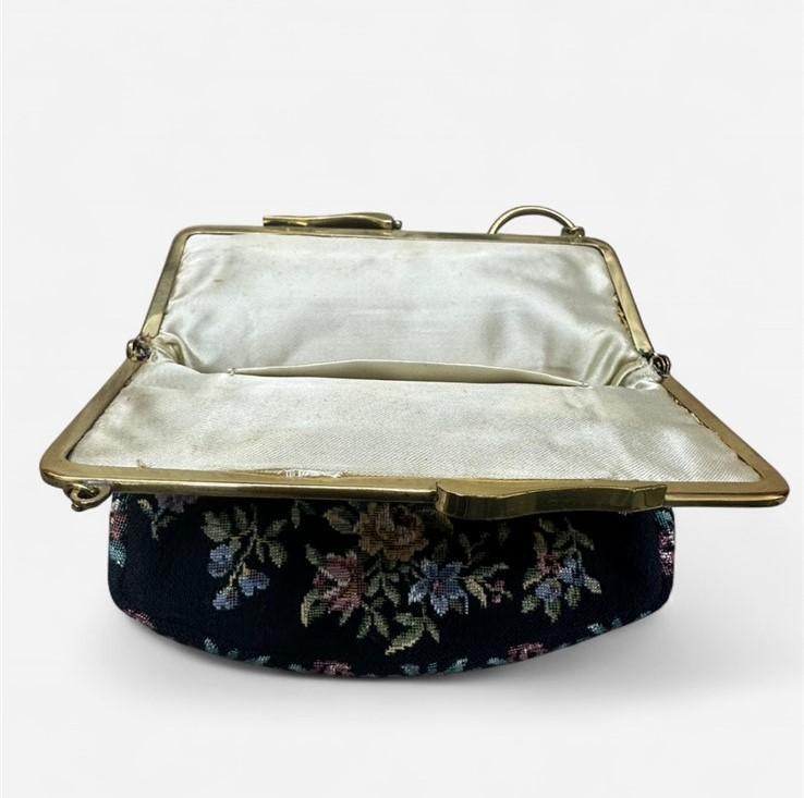 1950s Embroidered Floral Black Vintage Tapestry Satin Lined Clutch Purse