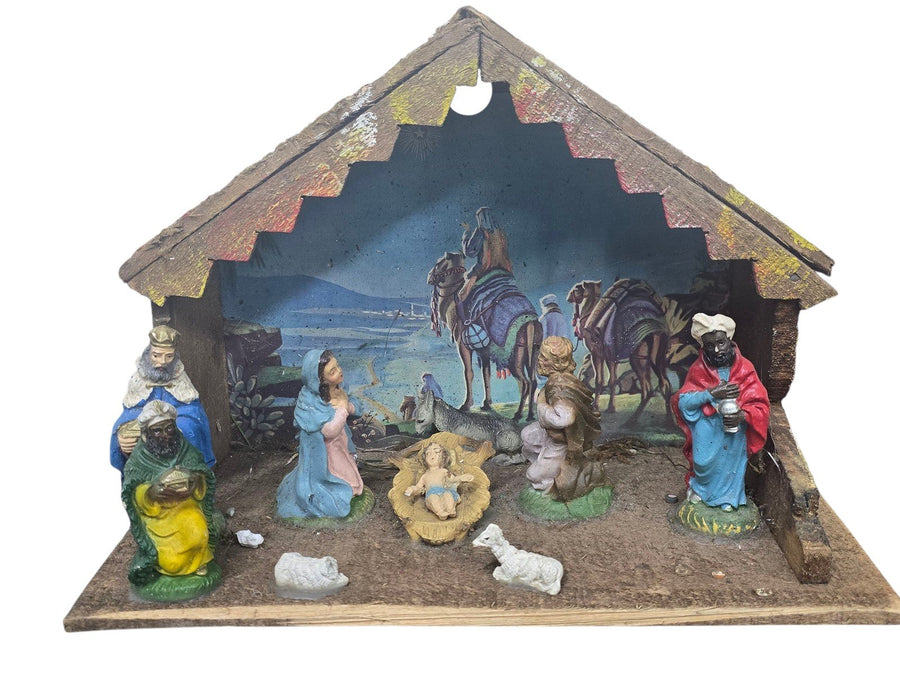 Nativity Set 9 figures Italy wood creche vintage