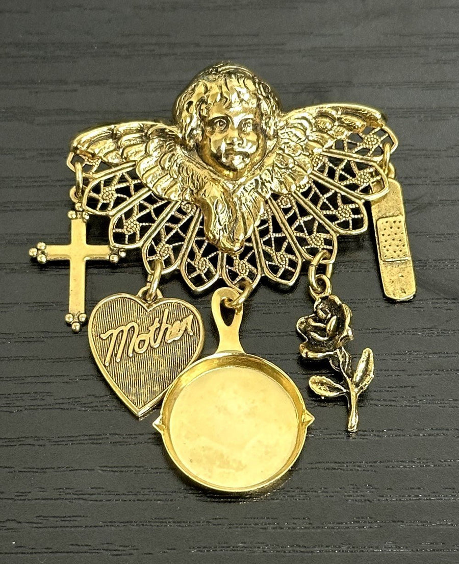Unsigned Vintage Gold-Toned Filigree Cherub Angel Mother Charm Brooch