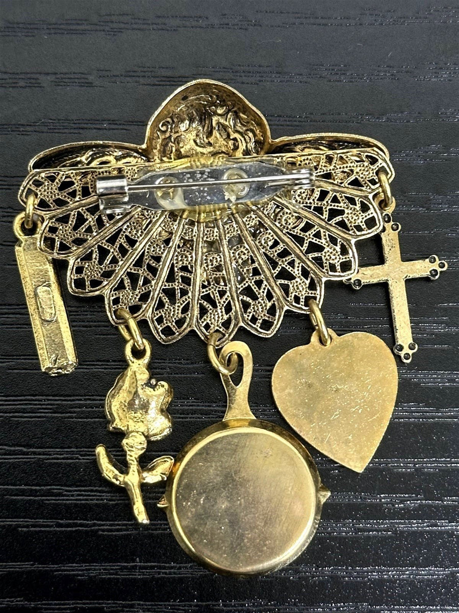 Unsigned Vintage Gold-Toned Filigree Cherub Angel Mother Charm Brooch