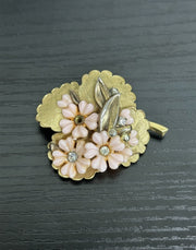 Unsigned Brushed Gold-Toned Pink Flowers & Rhinestone Adorned Brooch |missing 1 rhinestone