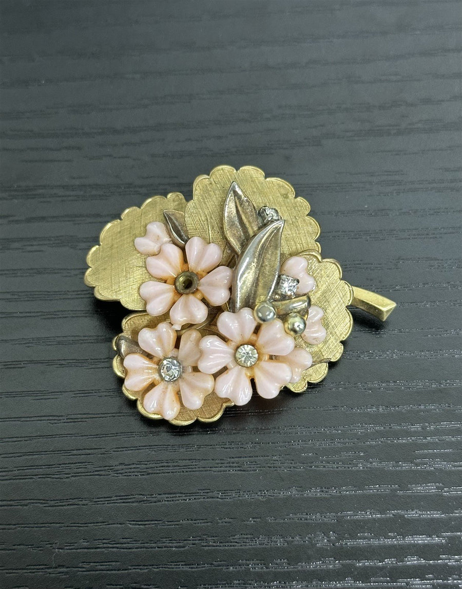 Unsigned Brushed Gold-Toned Pink Flowers & Rhinestone Adorned Brooch |missing 1 rhinestone
