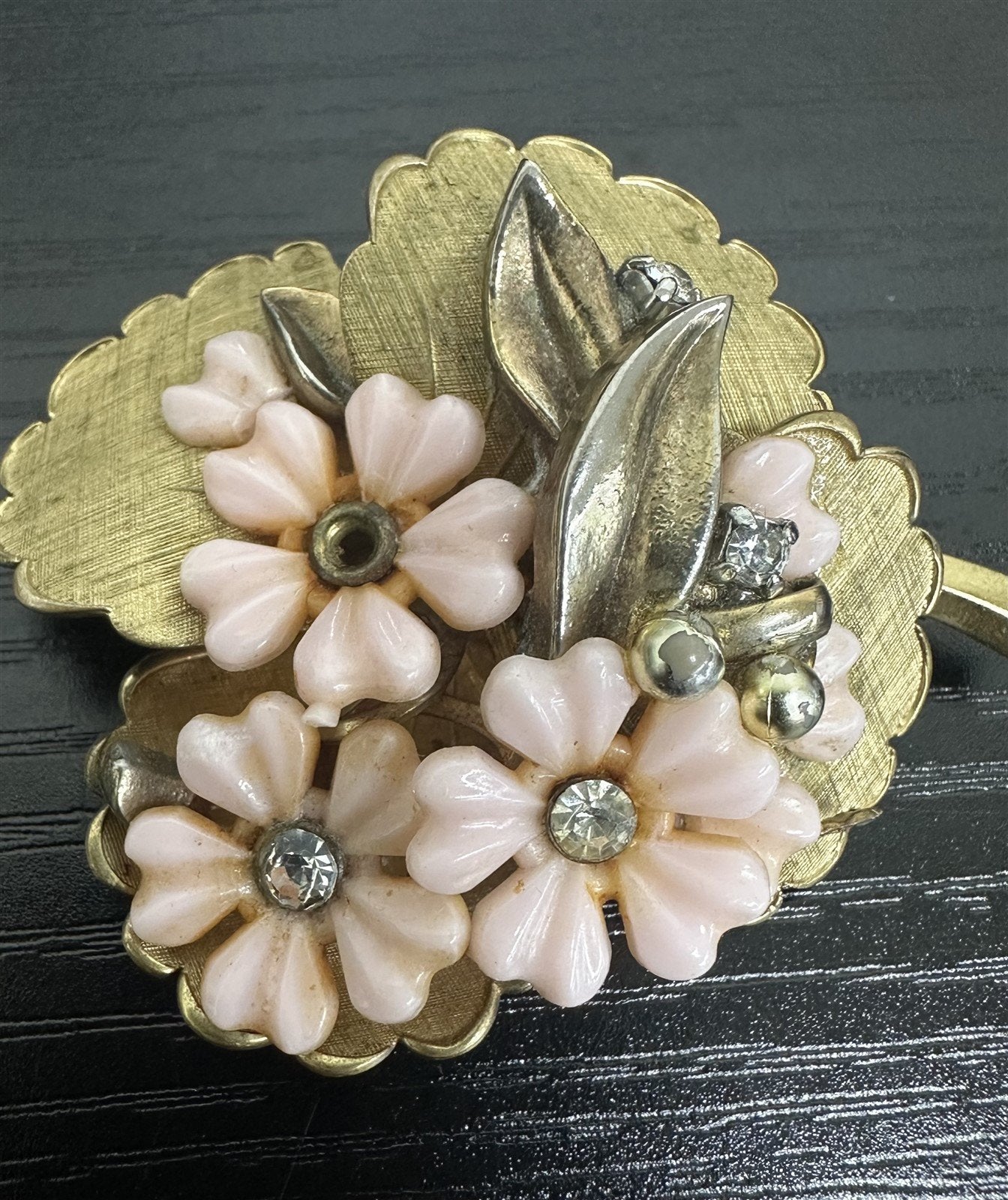 Unsigned Brushed Gold-Toned Pink Flowers & Rhinestone Adorned Brooch |missing 1 rhinestone