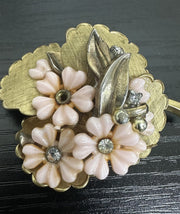 Unsigned Brushed Gold-Toned Pink Flowers & Rhinestone Adorned Brooch |missing 1 rhinestone