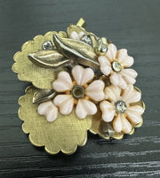 Unsigned Brushed Gold-Toned Pink Flowers & Rhinestone Adorned Brooch |missing 1 rhinestone