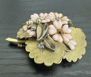 Unsigned Brushed Gold-Toned Pink Flowers & Rhinestone Adorned Brooch |missing 1 rhinestone