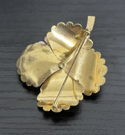 Unsigned Brushed Gold-Toned Pink Flowers & Rhinestone Adorned Brooch |missing 1 rhinestone