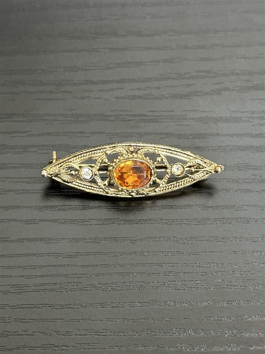 Unsigned 10k Gold-Filled Mid-Century Art Deco Filigree Brooch with Backed Oval Amber