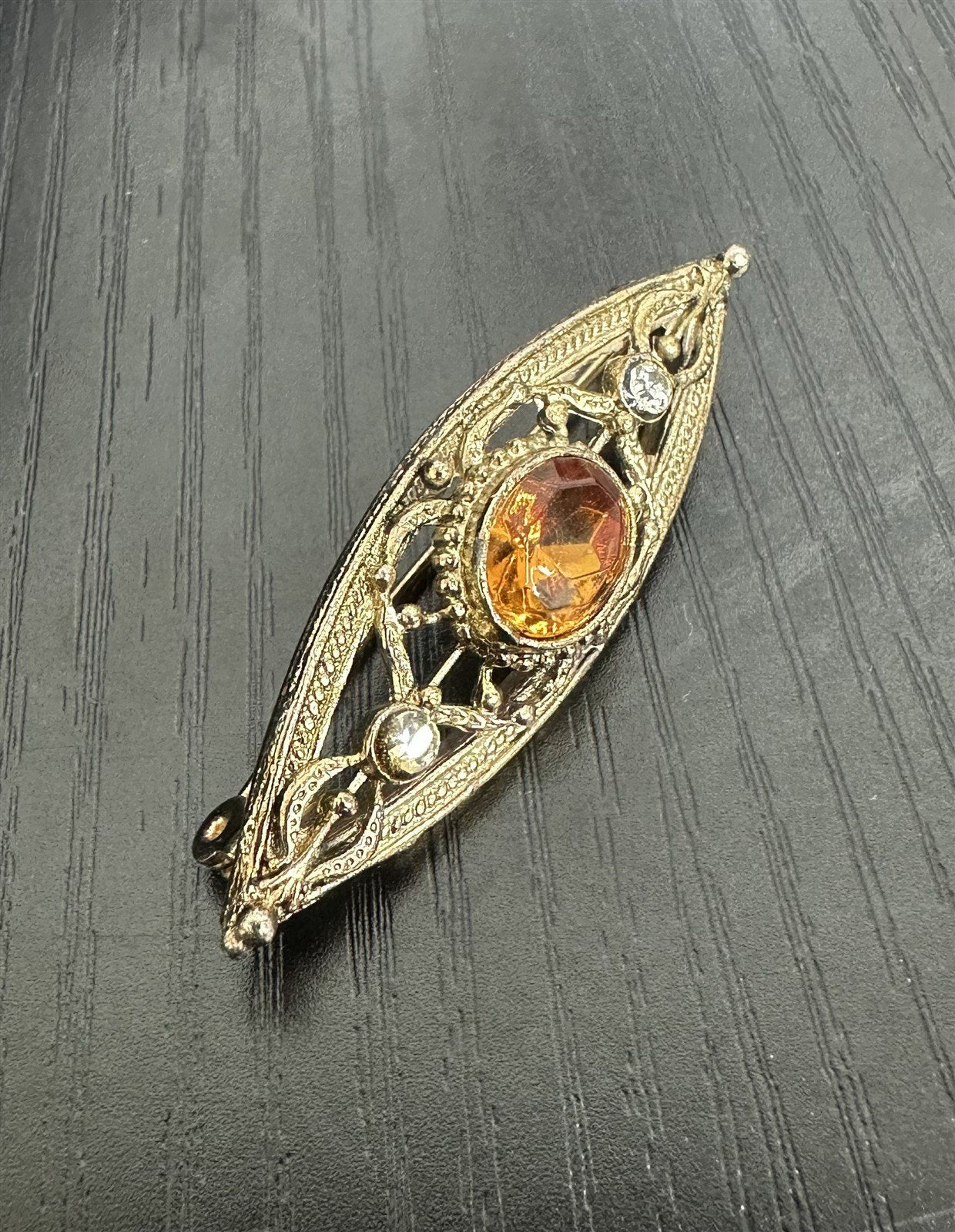 Unsigned 10k Gold-Filled Mid-Century Art Deco Filigree Brooch with Backed Oval Amber