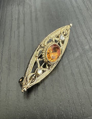 Unsigned 10k Gold-Filled Mid-Century Art Deco Filigree Brooch with Backed Oval Amber