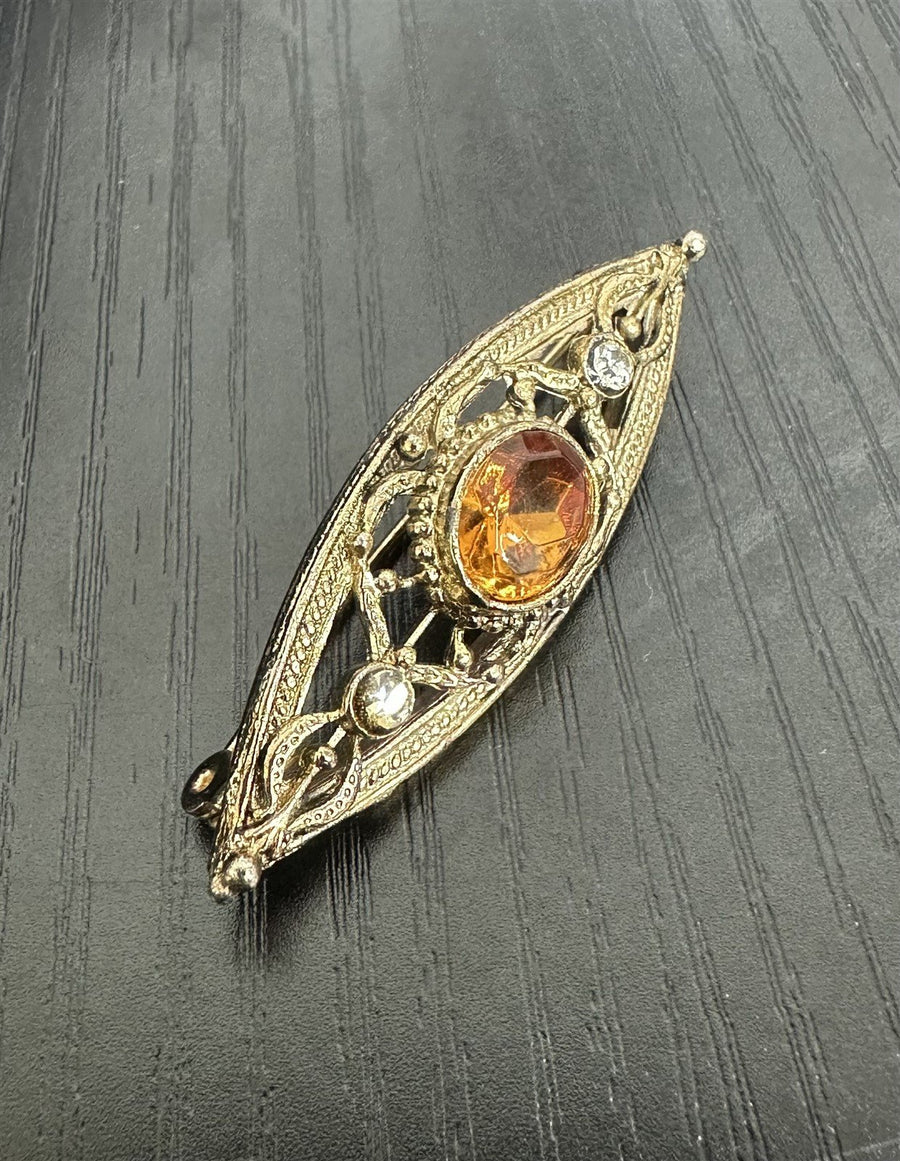 Unsigned 10k Gold-Filled Mid-Century Art Deco Filigree Brooch with Backed Oval Amber