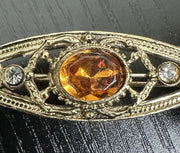 Unsigned 10k Gold-Filled Mid-Century Art Deco Filigree Brooch with Backed Oval Amber