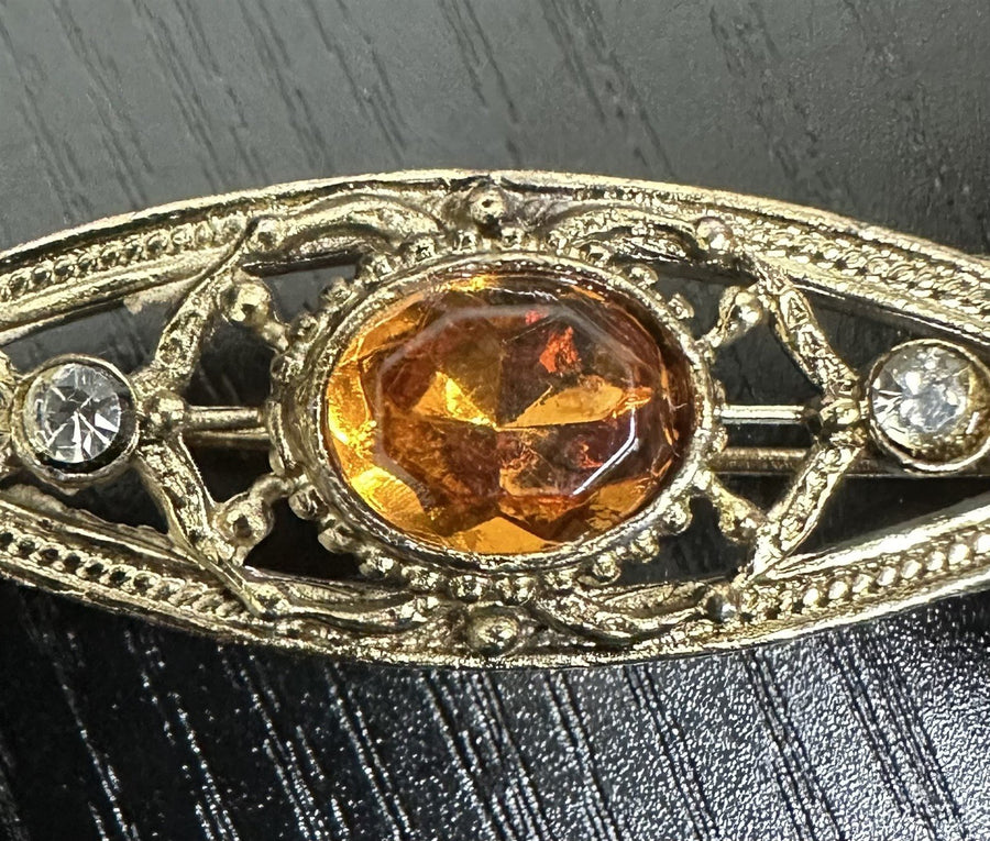 Unsigned 10k Gold-Filled Mid-Century Art Deco Filigree Brooch with Backed Oval Amber
