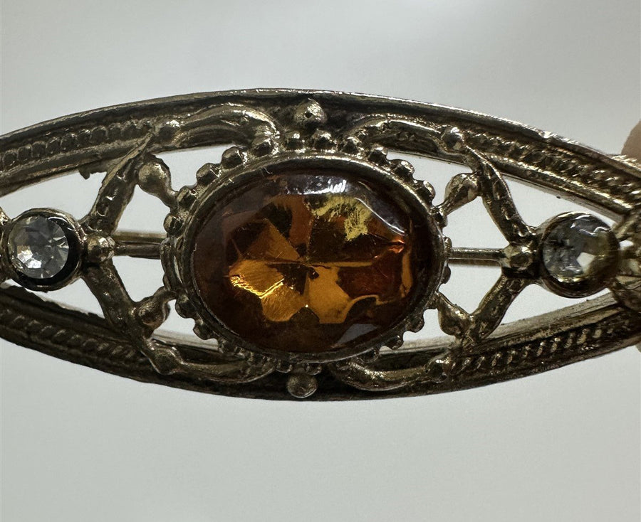 Unsigned 10k Gold-Filled Mid-Century Art Deco Filigree Brooch with Backed Oval Amber
